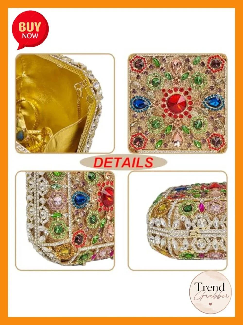 HUANG ZHUANG Crystal Clutch Evening Bag Octagonal Box Shape Rhinestone Purses